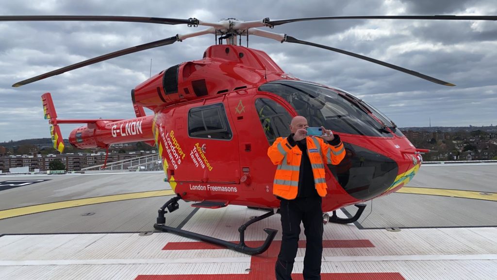 Peter on the helipad at King’s - motorcycle covid test delivery service